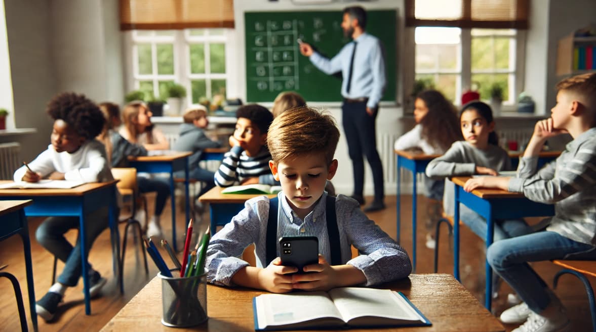 niño usando telefono en la escuela